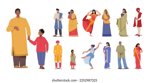 Grupo de indios aislados de fondo blanco. Personajes masculinos y femeninos jóvenes y de edad avanzada. Padres, abuelos y niños, bailarina, príncipe usan ropa tradicional. Ilustración del vector de dibujos animados