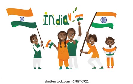 Set Of Indian People, Man, Woman, Kids, Holding And Waving Indian Flags, Cartoon Vector Illustration Isolated On White Background. Indian People With Their National Tricolor Flags, Big And Small