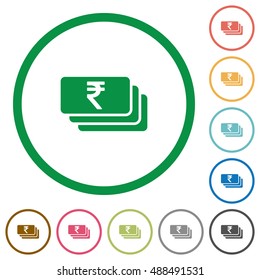 Set of indian Rupee banknotes color round outlined flat icons on white background