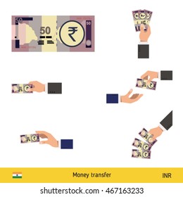 Set of Indian rupee. Holding, throwing Indian rupee.