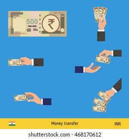 Set of Indian rupee. Holding, throwing Indian rupee.