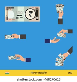 Set of Indian rupee. Holding, throwing Indian rupee.