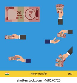 Set of Indian rupee. Holding, throwing Indian rupee.