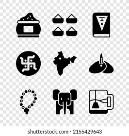 Indios, día de la constitución, religión de las perlas de Rosario, Elefante, Copa de té con bolso de té, esvástica hindú e ícono del mapa. Vector
