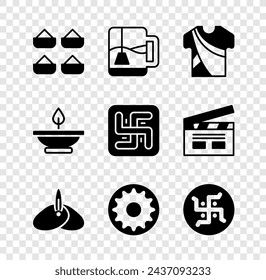 Set indisches Gewürz, Tasse Tee mit Teebeutel, Männerkleid, Kopfbedeckung Turban, Chakra, Hindu Hakenkreuz, Aroma Lampe und Ikone. Vektor