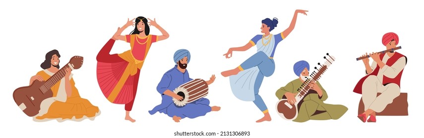 Set of Indian Street Artists, Musicians and Dancers Characters in Colorful Dresses Performing on Street Playing Music on Traditional Instruments, Drum, Flute, Citar. Cartoon People Vector Illustration