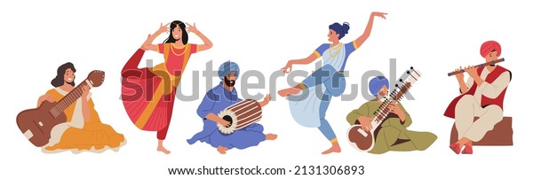 Set of Indian Street Artists, Musicians and\
Dancers Characters in Colorful Dresses Performing on Street Playing\
Music on Traditional Instruments, Drum, Flute, Citar. Cartoon\
People Vector Illustration