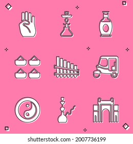 Set Indian symbol hand, Hookah, vase, spice, Pan flute, Taxi tuk tuk, Yin Yang and  icon. Vector