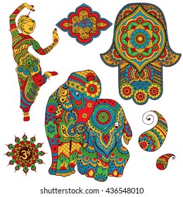 A set of Indian symbols for design. Sign Ohm, dancer, elephants, Hamsa, paisley painted in mihendi style.