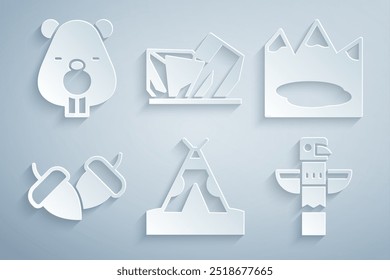 Set Indian teepee or wigwam, Canadian lake, Acorn, totem pole, Royal Ontario museum and Beaver animal icon. Vector