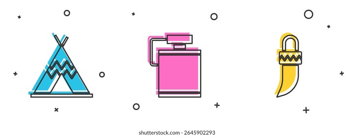 Set Indian teepee or wigwam, Canteen water bottle and Tooth icon. Vector