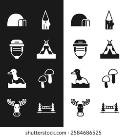 Set Indian teepee or wigwam, Hockey helmet, Igloo ice house, Wooden log, Flying duck, Mushroom, Capilano Suspension Bridge and Moose head with horns icon. Vector