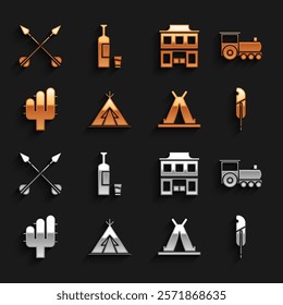 Set Indian teepee or wigwam, Retro train, Feather pen, Cactus, Wild west saloon, Crossed arrows and Whiskey bottle and glass icon. Vector