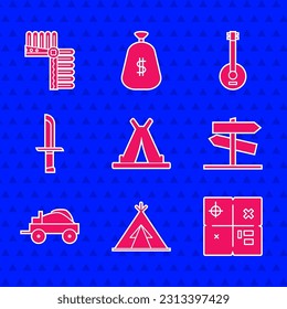Set Indian teepee or wigwam, Treasure map, Road traffic signpost, Wild west covered wagon, Military knife, Banjo and headdress with feathers icon. Vector