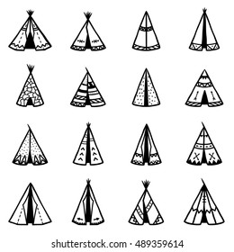 Set of  indian tee-pee or wigwams with ornamental elements. Hand drawn tribal illustration. Boho style. Black icons on white.