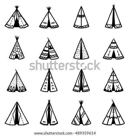 Set of  indian tee-pee or wigwams with ornamental elements. Hand drawn tribal illustration. Boho style. Black icons on white.