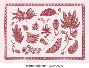 Conjunto de elementos decorativos tradicionales indios. Motivo étnico oriental de la cultura asiática. Viva el color magenta aislado en el fondo blanco.Ilustración vectorial.