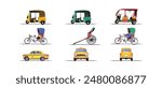 set of indian Transport like auto rickshaw, hand pulled, taxi, tuk tuk