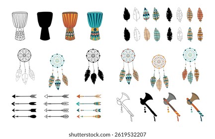 Set of Indian tribal elements with drums, dreamcatchers, feathers, arrows, axes tomahawks in various silhouettes, outlines, colorful designs isolated on white. culture ethnic traditions African decor.