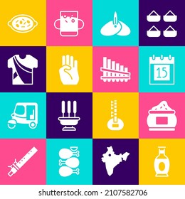 Set Indian Vase, Spice, Independence Day, Headgear Turban, Symbol Hand, Man Dress, Kheer In Bowl And Pan Flute Icon. Vector