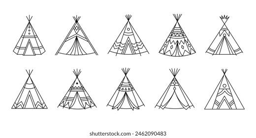 Set of Indian wigwam. Teepee collection in doodle style. Vector 
 outline illustration isolated on white background. 