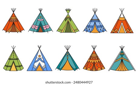 Set of Indian Wigwam, tribal tepee, tradition home of native American collection. Cute boho teepee. Vector cartoon flat illustration isolated on white background