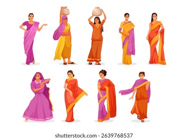 Set of Indian women wearing traditional sarees in various colors and poses, flat cartoon style on white background. Concept of cultural heritage. Vector illustration