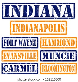 Set of Indiana cities stamps on white background, vector illustration