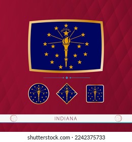 Set of Indiana flags with gold frame for use at sporting events on a burgundy abstract background. Vector collection of flags.