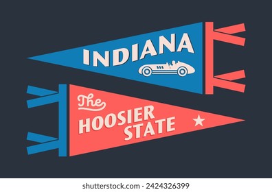 Set of Indiana pennants. Vintage retro graphic flag, pennant, star, sign, symbols of USA. The Hoosier State.