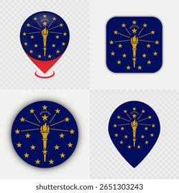 Conjunto de ícones da bandeira do estado de Indiana e pinos do mapa.
