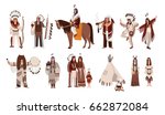 Set of Indians in traditional costumes. Native american family, girl, shaman, people with a bow and arrows, peace-pipe, a spear, on a horse. Colorful vector illustration in cartoon style.