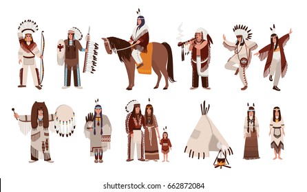 Set of Indians in traditional costumes. Native american family, girl, shaman, people with a bow and arrows, peace-pipe, a spear, on a horse. Colorful vector illustration in cartoon style.