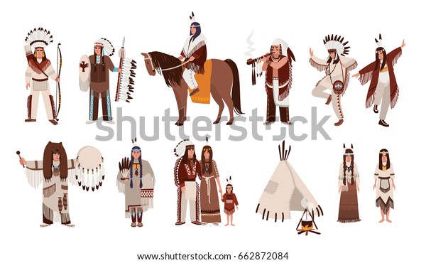 伝統衣装を着たインディアンのセット アメリカ 先住民の家族 少女 シャーマン 弓矢を持つ人々 和平パイプ 槍を馬に乗せる人々 カートーンスタイルのカラフルなベクターイラスト のベクター画像素材 ロイヤリティフリー