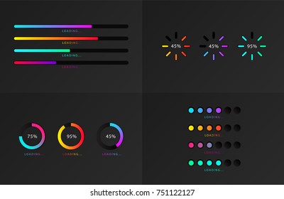 Set of indicators. Progress loading bar. Download progress, web design template, interface upload. Vector illustration. - stock vector 
