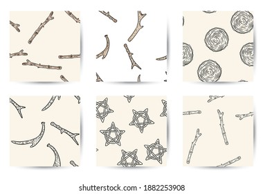 Set of indigenous rustic seamless border patterns. Doodle style comic antlers, twigs, pentagrams and wood cut sections hand drawn texture background tiles collection