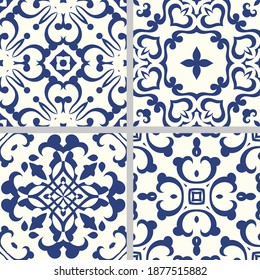 Set of Indigo blue flower azulejos lisbon patterns. Floor tile oriental spain collection seamless textures. Portugal geometric ceramics. Vector arabesque Textures