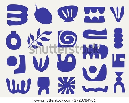 Set of indigo blue matisse inspired abstract cutout shapes including vases and leaves for boho pattern design