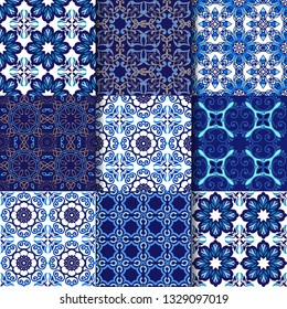Set of indigo blue seamless tiles. Ornamental indigo textile background. Decorative ornament for fabric, textile, wrapping paper.
