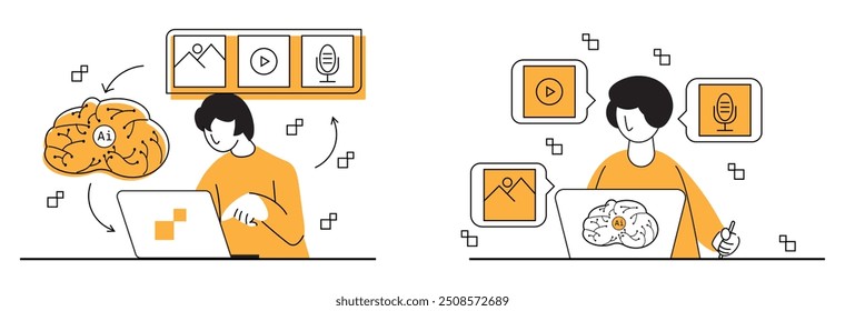 Set of individual actively engaging with the AI interface, with multimedia icons prominently displayed. This clean, modern design is perfect for illustrating concepts of AI, machine learning.