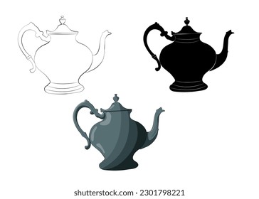 Set of individual antique teapots. Black outline, white outline, cartoon style. Vector illustration.