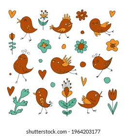 a set of individual elements. birds and flowers in a cartoon stylized style. cute colors. a set of creating prints. vector hand drawn stock illustration. colored doodles. children's illustration