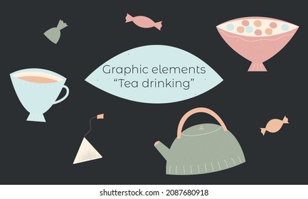 A set of individual items, tea, cup, vase, teapot, candy