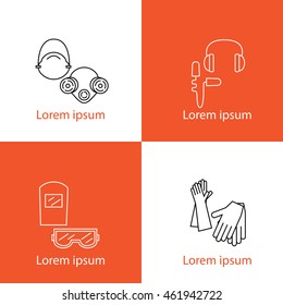 A set of individual protection logos. Eye protection, hearing, breathing, hands. Body protection equipment and human health. Vector illustration.