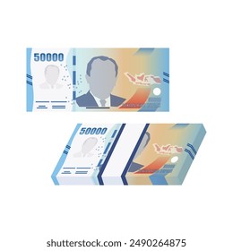 Set of Indonesia banknotes money front side of 50000 rupiah simple flat illustration.