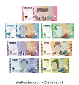 Conjunto de billetes de Indonesia dinero frente de cada valor rupiah simple Ilustración vectorial plana.