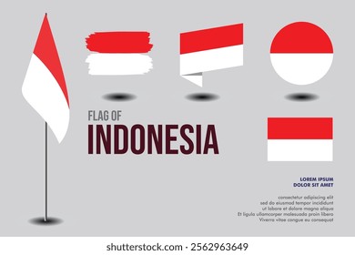 Set of Indonesia flag in 5 designs: flag on pole, brush stroke, skew, round and standard. vector, flat, isolated on grey background
