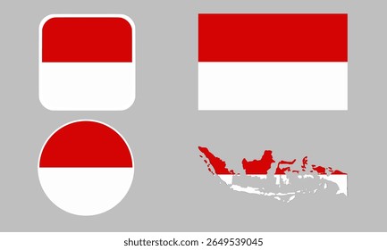 A set of Indonesia flag icons. A set of flags in square, rectangular, round and map shapes. Flag icons.