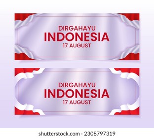 set of indonesia independence day banners decorated with wavy flags