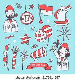 Set of Indonesia Independence day illustration in doodle style, Merdeka means Independence